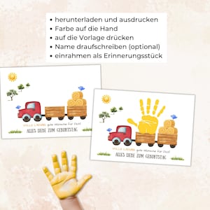Pode incluir: Dois cart&otilde;es de anivers&aacute;rio em aquarela com um caminh&atilde;o vermelho e fardos de feno. Um cart&atilde;o tem uma impress&atilde;o de m&atilde;o amarela. Os cart&otilde;es t&ecirc;m o texto "VOLLE LADUNG gute W&uuml;nsche f&uuml;r Dich! ALLES LIEBE ZUM GEBURTSTAG."