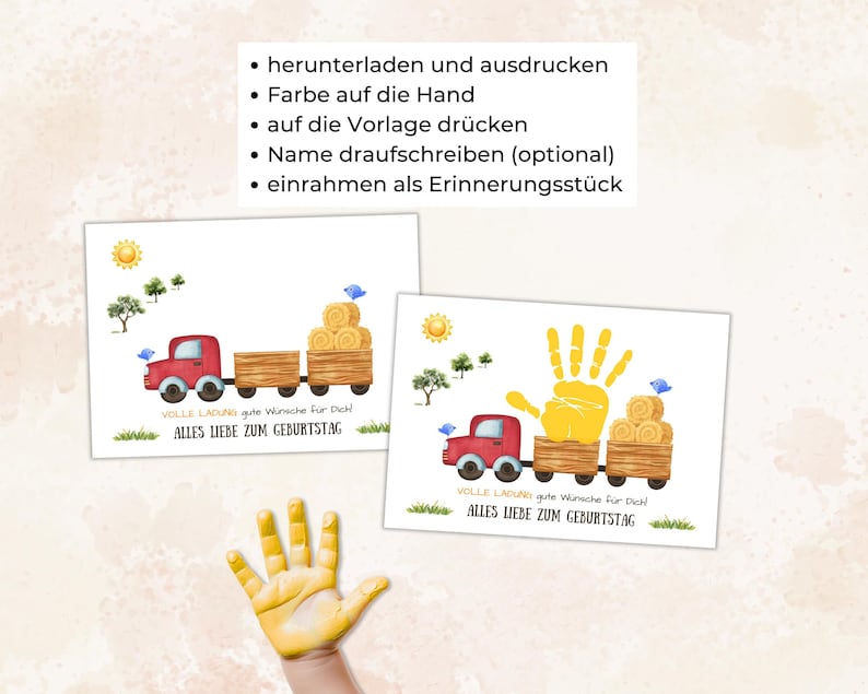 Pode incluir: Dois cart&otilde;es de anivers&aacute;rio em aquarela com um caminh&atilde;o vermelho e fardos de feno. Um cart&atilde;o tem uma impress&atilde;o de m&atilde;o amarela. Os cart&otilde;es t&ecirc;m o texto "VOLLE LADUNG gute W&uuml;nsche f&uuml;r Dich! ALLES LIEBE ZUM GEBURTSTAG."