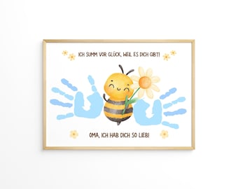 Handabdruck Vorlage "Biene" zum Basteln für Oma. Geschenk zum Geburtstag oder Muttertag vom Enkelkind. Passend für Babys und Kleinkinder.