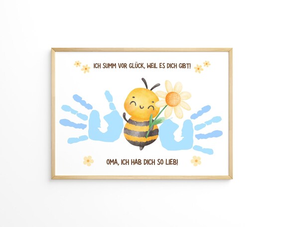 Handabdruck Vorlage "Biene" zum Basteln für Oma. Geschenk zum Geburtstag oder Muttertag vom Enkelkind. Passend für Babys und Kleinkinder.