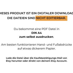 Pu&ograve; includere: Testo nero su sfondo bianco in tedesco. Il testo indica che il prodotto &egrave; un download digitale, i file non sono modificabili e sar&agrave; un file PDF in formato A4 da stampare. Sono incluse anche le istruzioni.