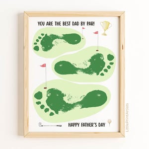 Father&#39;s Day Golf Footprint Art Craft from 3 kids. Keepsake from baby, toddler for best Dad by par. Printable Father&#39;s Day Golf Gift.