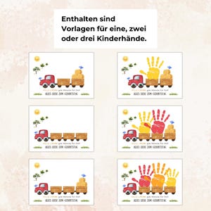 Pode incluir: Conjunto de seis cart&otilde;es de felicita&ccedil;&otilde;es com um cami&atilde;o vermelho a puxar fardos de feno. Os cart&otilde;es apresentam impress&otilde;es de m&atilde;os em amarelo, vermelho e laranja. O texto nos cart&otilde;es diz "Alles Liebe zum Geburtstag" e "Enthalten sind Vorlagen f&uuml;r eine, zwei oder drei Kinderh&auml;nde."