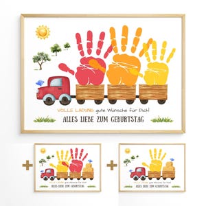 Pode incluir: Uma impress&atilde;o emoldurada com uma ilustra&ccedil;&atilde;o em aquarela de um caminh&atilde;o vermelho puxando tr&ecirc;s vag&otilde;es de trem. Cada vag&atilde;o cont&eacute;m uma impress&atilde;o de m&atilde;o em vermelho, laranja e amarelo. O texto diz: "VOLLE LADUNG gute W&uuml;nsche f&uuml;r Dich! ALLES LIEBE ZUM GEBURTSTAG."