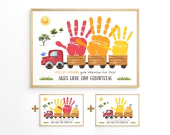 Handgemaakt voor een kartewedstrijd. Lastwagen Motiv für ein, zwei of drei Kinder. Sentimentales DIY-cadeau voor kinderen