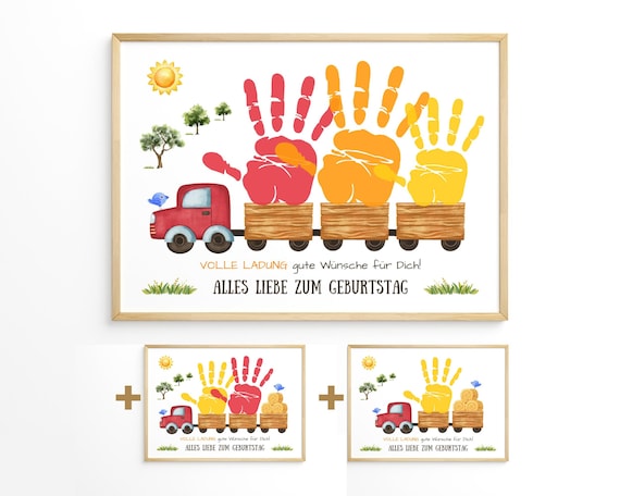Handabdruck Vorlage für eine Karte zum Geburtstag. Lastwagen Motiv für ein, zwei oder drei Kinder. Sentimentales DIY Geschenk zum Ausdrucken