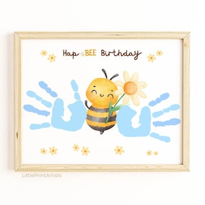 Cartão de aniversário com pegada de abelha para bebês ou crianças pequenas. Presente de lembrança com pegada de mão para mãe, avó, tia, tio, avô e pai.