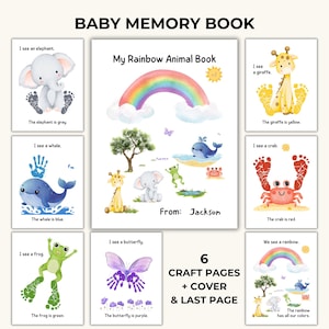 May include: A baby memory book titled "My Rainbow Animal Book", featuring a rainbow and animal illustrations on the cover. Inside, pages display animal drawings and text, such as "I see an elephant" and "I see a giraffe". The book includes 6 craft pages, a cover, and a final page.