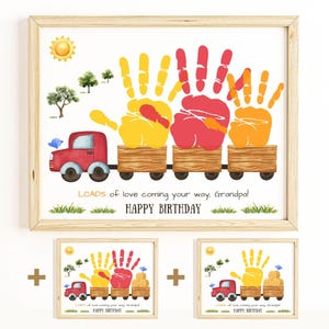 Peut inclure: Une impression encadrée avec un design à l'aquarelle. L'œuvre présente un camion rouge tirant trois wagons avec des empreintes de mains jaunes, rouges et orange. Le texte dit "Loads of love coming your way, Grandpa! Happy Birthday."