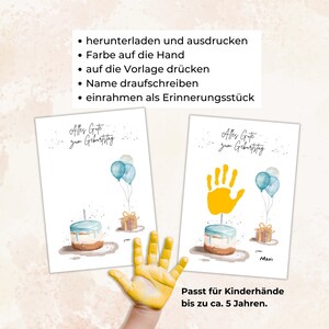 Pu&ograve; includere: Due biglietti di compleanno con illustrazioni ad acquerello. Ogni biglietto presenta una torta, palloncini e un pacco regalo. Un biglietto ha un'impronta di mano gialla. Il testo sui biglietti recita "Alles Gute zum Geburtstag".