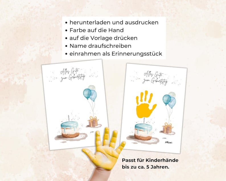 Pu&ograve; includere: Due biglietti di compleanno con illustrazioni ad acquerello. Ogni biglietto presenta una torta, palloncini e un pacco regalo. Un biglietto ha un'impronta di mano gialla. Il testo sui biglietti recita "Alles Gute zum Geburtstag".