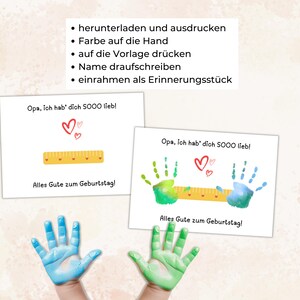 May include: Two white cards with the text "Opa, ich hab' dich SOOO lieb!" and "Alles Gute zum Geburtstag!". One card has a yellow ruler and hearts, the other has handprints. The image also shows blue and green handprints.