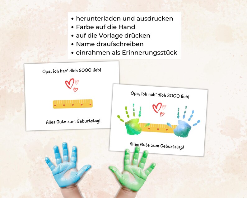 May include: Two white cards with the text "Opa, ich hab' dich SOOO lieb!" and "Alles Gute zum Geburtstag!". One card has a yellow ruler and hearts, the other has handprints. The image also shows blue and green handprints.