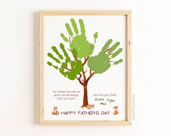 Arbre à empreintes de main pour la fête des pères. Cadeau de fête des pères imprimable par les enfants. Bricolage pour 3 enfants ou même plus ! Cadeau artistique sentimental d'empreinte de main pour papa.
