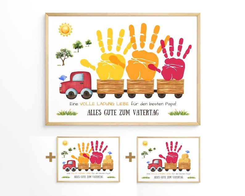 Pu&ograve; includere: Una stampa incorniciata con un design di treno con impronte di mani gialle, arancioni e rosse. Un camion rosso tira il treno, con testo in tedesco: "Eine VOLLE LADUNG LIEBE f&uuml;r den besten Papal ALLES GUTE ZUM VATERTAG".