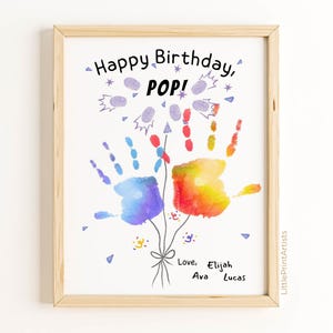 Handprint Balloons Birthday Card for Pop. Handprint birthday craft for Dad or Grandpa from toddlers. Last minute gift; keepsake from 3 kids.