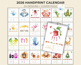 Handprint Calendar 2026. Baby and toddler keepsake DIY calendar. Monthly footprint & handprint designs. Craft gift for Christmas or New Year