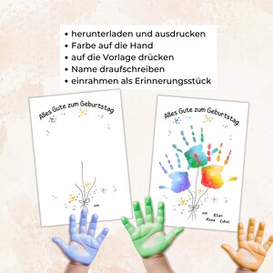 Peut inclure: Deux cartes blanches avec le texte "Alles Gute zum Geburtstag" et des empreintes de mains color&eacute;es. L'une a une empreinte bleue, l'autre un bouquet d'empreintes rouges, jaunes et bleues. Instructions en allemand.