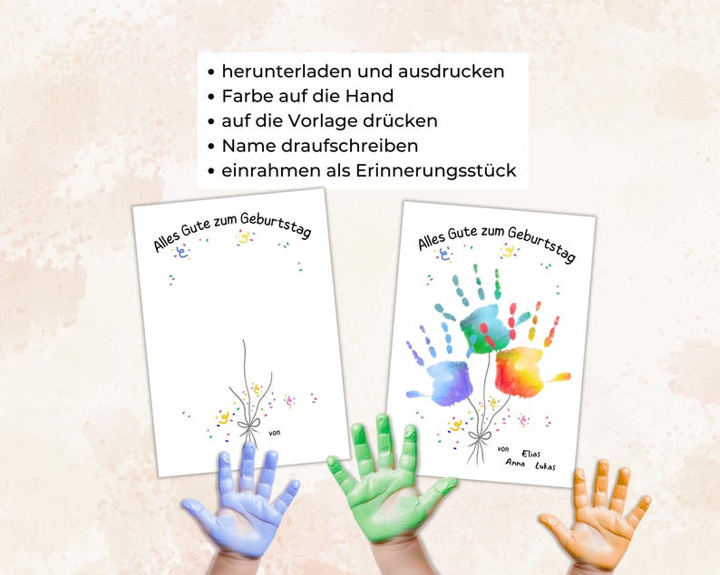 Peut inclure: Deux cartes blanches avec le texte "Alles Gute zum Geburtstag" et des empreintes de mains color&eacute;es. L'une a une empreinte bleue, l'autre un bouquet d'empreintes rouges, jaunes et bleues. Instructions en allemand.