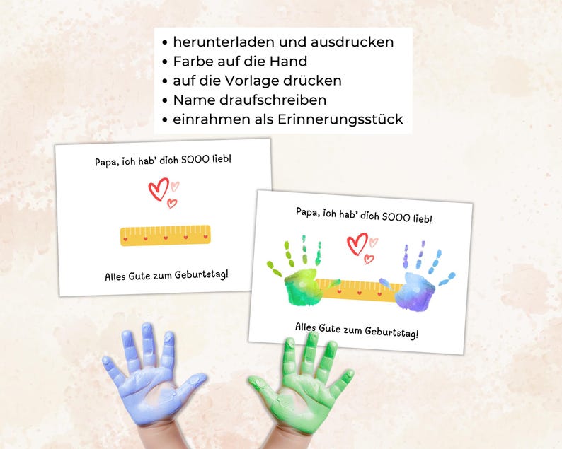 May include: Two white cards with the text "Papa, ich hab' dich SOOO lieb!" and "Alles Gute zum Geburtstag!" are displayed. One card has a ruler graphic and the other has handprints. The image also shows blue and green handprints.