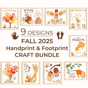 Puede incluir: Una colección de nueve diseños de manualidades de huellas de manos y pies con temática otoñal. La obra de arte incluye árboles de huellas de manos, erizos, espantapájaros y calabazas. El texto incluye "Hello Autumn 2025", "Autumn is here", "Harvest Hugs" y "Happy Fall".