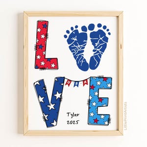 Empreinte du 4 juillet Art. Activité de vacances patriotique aux États-Unis à la garderie. Artisanat à empreintes de pas Love USA pour nouveau-né et nourrisson. Souvenir d&#39;empreinte de bébé