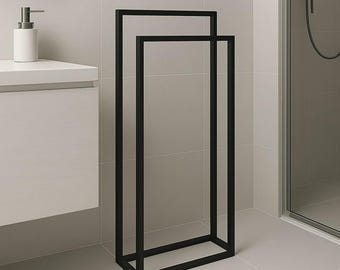 Modern Freestanding Towel Rack: Matte Black Steel Double Frame