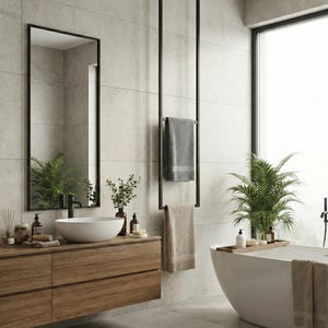 May include: A modern bathroom with a wooden vanity, a white vessel sink, and a large rectangular mirror with a black frame. A black metal towel rack holds two towels. A white bathtub and plants complete the spa-like atmosphere.
