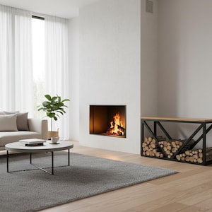 May include: A modern living room with a fireplace and a wood storage rack. The fireplace has a burning fire inside. A gray rug and a round coffee table are in front of a beige sofa. A plant sits near the sofa.
