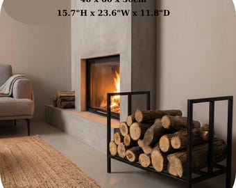 Modern Metal Firewood Rack. Indoor Log Holder for Fireplace. Minimalist Wood Storage Stand