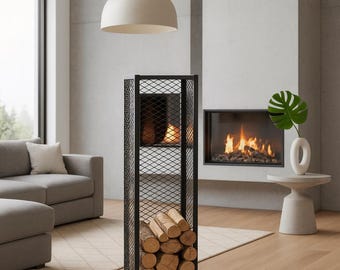 Tall Firewood Rack – Vertical Steel Log Holder | Modern Indoor Wood Storage