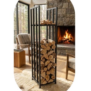 May include: A black metal log rack filled with firewood, with a second shelf holding additional logs. The rack is in front of a fireplace with a roaring fire. The room has a cozy, rustic feel.
