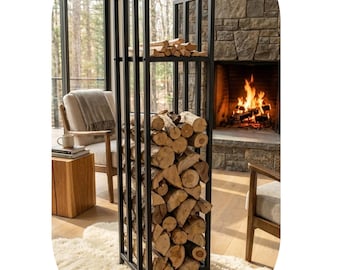 Tall Metal Firewood Rack. Modern Vertical Log Holder Large Indoor Wood Storage Tower
