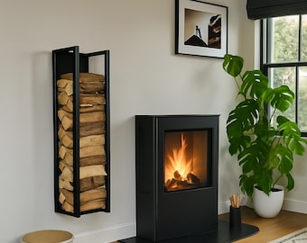 Wall Mounted Firewood Rack: Slim Metal Log Holder, Modern Fireplace Storage