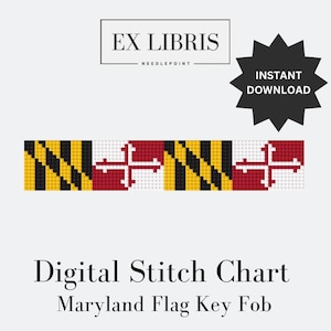 May include: Digital stitch chart for a Maryland flag key fob. The chart features the Maryland state flag with black, yellow, red, and white colors. The chart is labeled "Ex Libris Needlepoint" and "Instant Download".
