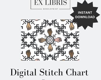 May include: Digital needlepoint stitch chart featuring a pattern of raised fists in various skin tones, with the text "Resist" below the chart.