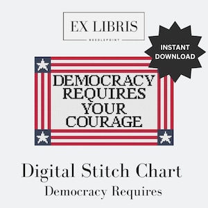 Puede incluir: Patrón de punto de cruz digital con un diseño de bandera estadounidense con el texto "Democracy Requires Your Courage".