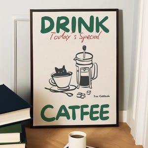 Beba Catfee, Arte de Barista de Gato, Arte de Cantinho de Café, Design Retro de Cat Café, Arte Divertida de Gato, Presente para Amantes de Gatos, Cardápio de Café de Gato, Estampa de Gato Caprichosa, Pet Café