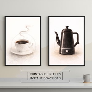 Wydrukowane wydruki kawy, minimalistyczny zestaw akwarelowy z kubkiem i dzbankiem do kawy, wystrój kuchni w neutralnych tonacjach, pobieranie cyfrowe