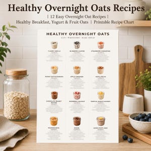 Puede incluir: Una ficha de recetas imprimible de color blanco titulada Healthy Overnight Oats que presenta doce recetas de avena distintas con pequeñas imágenes de cada frasco, incluyendo sabores como Classic Vanilla, Blueberry Almond y Strawberry Cheesecake.