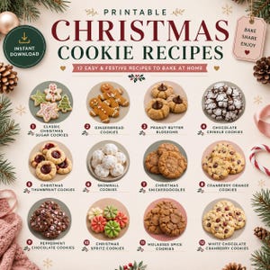 Op de afbeelding: Een printbare gids voor kerstkoekjesrecepten met 12 genummerde categorieën gebak, waaronder peperkoek, suikerkoekjes, chocolade-crinkles en pindakaasbloesems, met de tekst "PRINTABLE CHRISTMAS COOKIE RECIPES".
