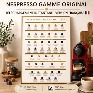 Peut inclure: Une affiche verticale intitulée Nespresso Gamme Original présentant une grille d'icônes de capsules de café avec des étiquettes en français, organisées par catégorie. L'affiche est encadrée en or et affiche des détails sur les variétés.