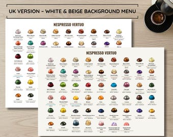 Nespresso Vertuo Guide (Storbritannien) Utskrivbar kapselmeny med intensitet och smak | Kaffehörndekor | Vitt och beige | April 2026