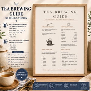 Peut inclure: Un guide de brassage du thé encadré, avec des instructions et des illustrations. Le guide comprend des instructions pour mesurer le thé, chauffer l'eau et infuser le thé. Disponible en plusieurs tailles.