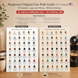 May include: A digital Nespresso Original Line coffee capsule menu guide featuring two printable charts with white and beige backgrounds. The charts display various coffee pod names, flavor profiles, and intensity levels in a grid format with icons.