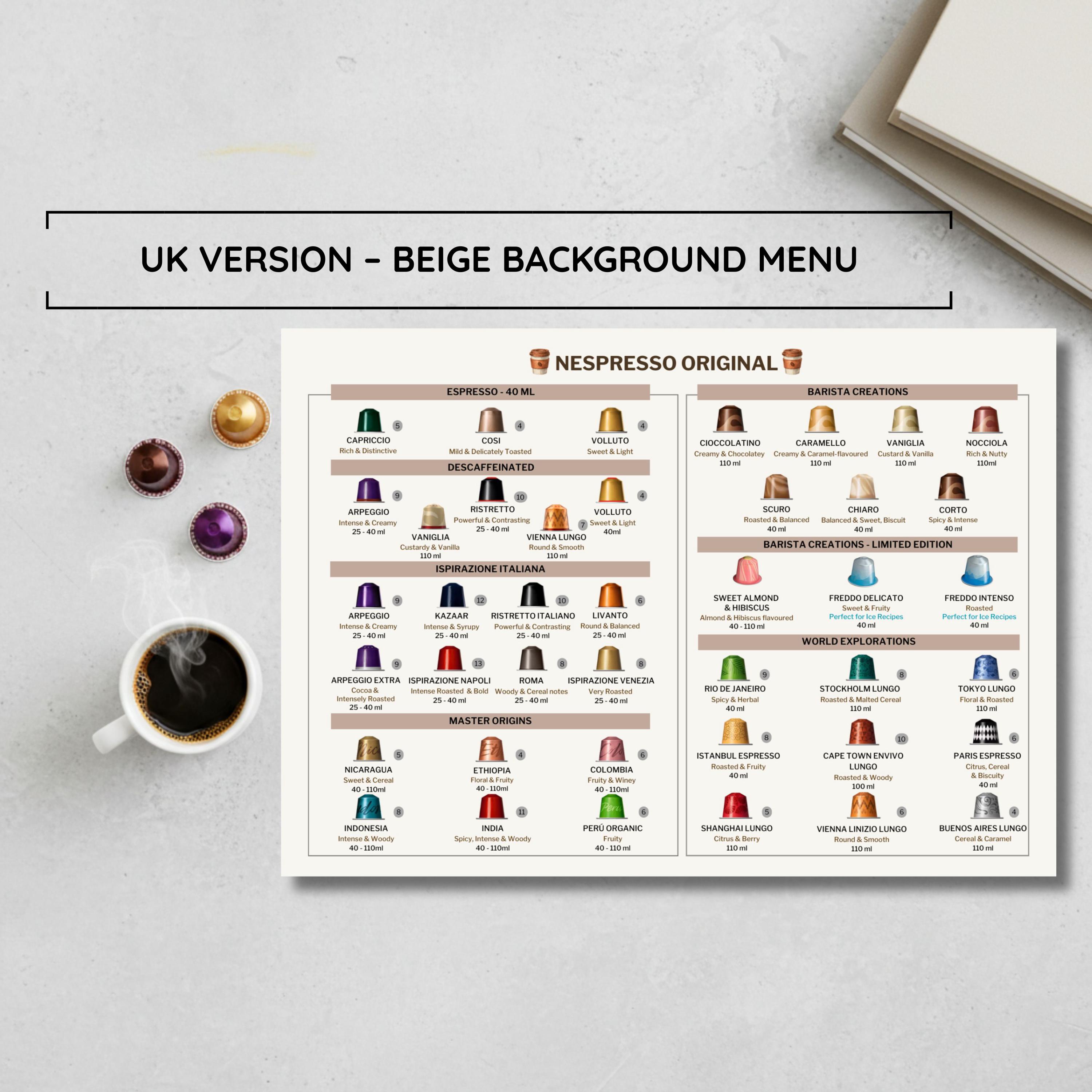 Printable Nespresso Original Capsules Guide Beige | UK Version