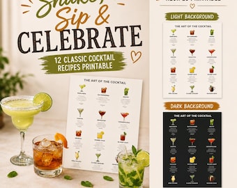 12 Classic Cocktail Recipes Printable | Margarita, Martini, Mojito & More | Mixology Chart | Home Bar Wall Art | Digital Download