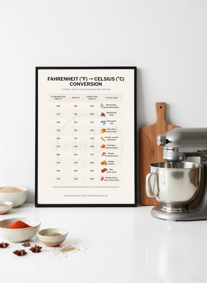 May include: A framed Fahrenheit to Celsius conversion chart for everyday cooking. The chart includes standard oven and convection temperatures, with typical uses like drying herbs, baking fish, and roasting chicken. A silver stand mixer and wooden cutting board are in the background.