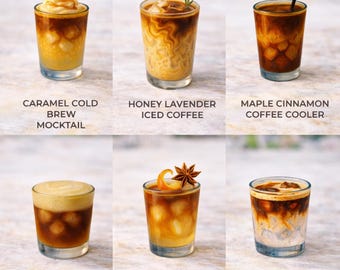 Utskrivbara vinterkaffemocktails | Alkoholfria kaffedrycker | Cold Brew, karamell och kanel | Kaffebardekor | PDF och PNG