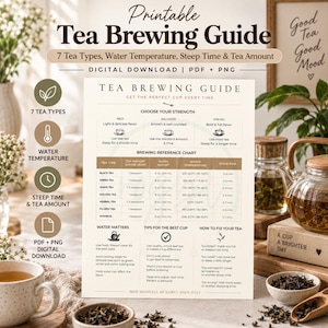 May include: A printable tea brewing guide digital download featuring a reference chart with tea types, water temperatures, steep times, and tea amounts. The document includes sections for choosing strength, water tips, and instructions for fixing tea.